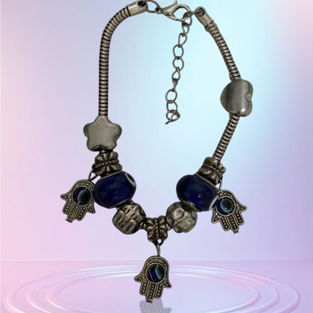 Evil Eye Charm/Bead 7.5" Bracelet Silver-Tone Women - Picture 2 of 7